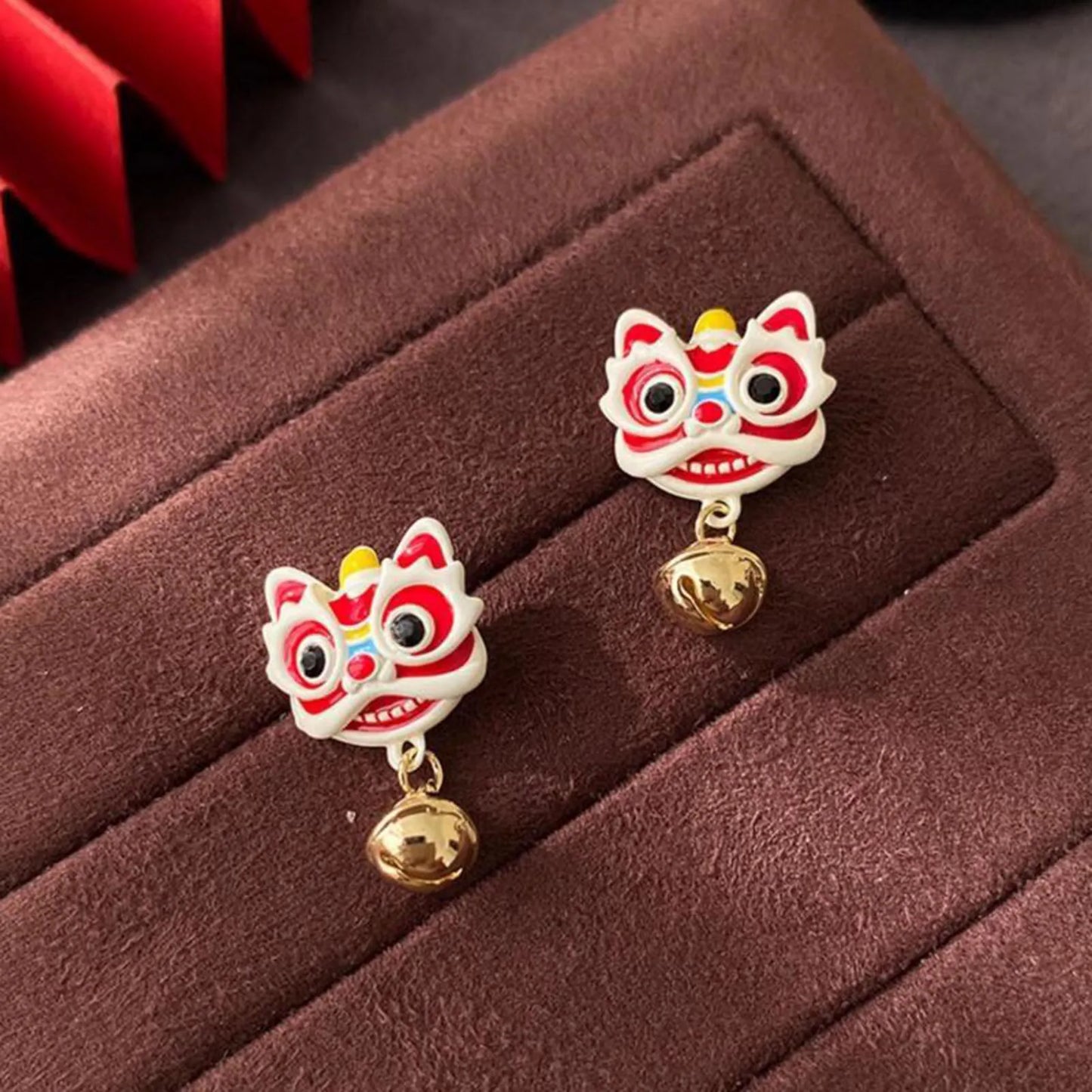 Chinese New Year Lion Bell Stud Earrings (925 Sterling Silver)