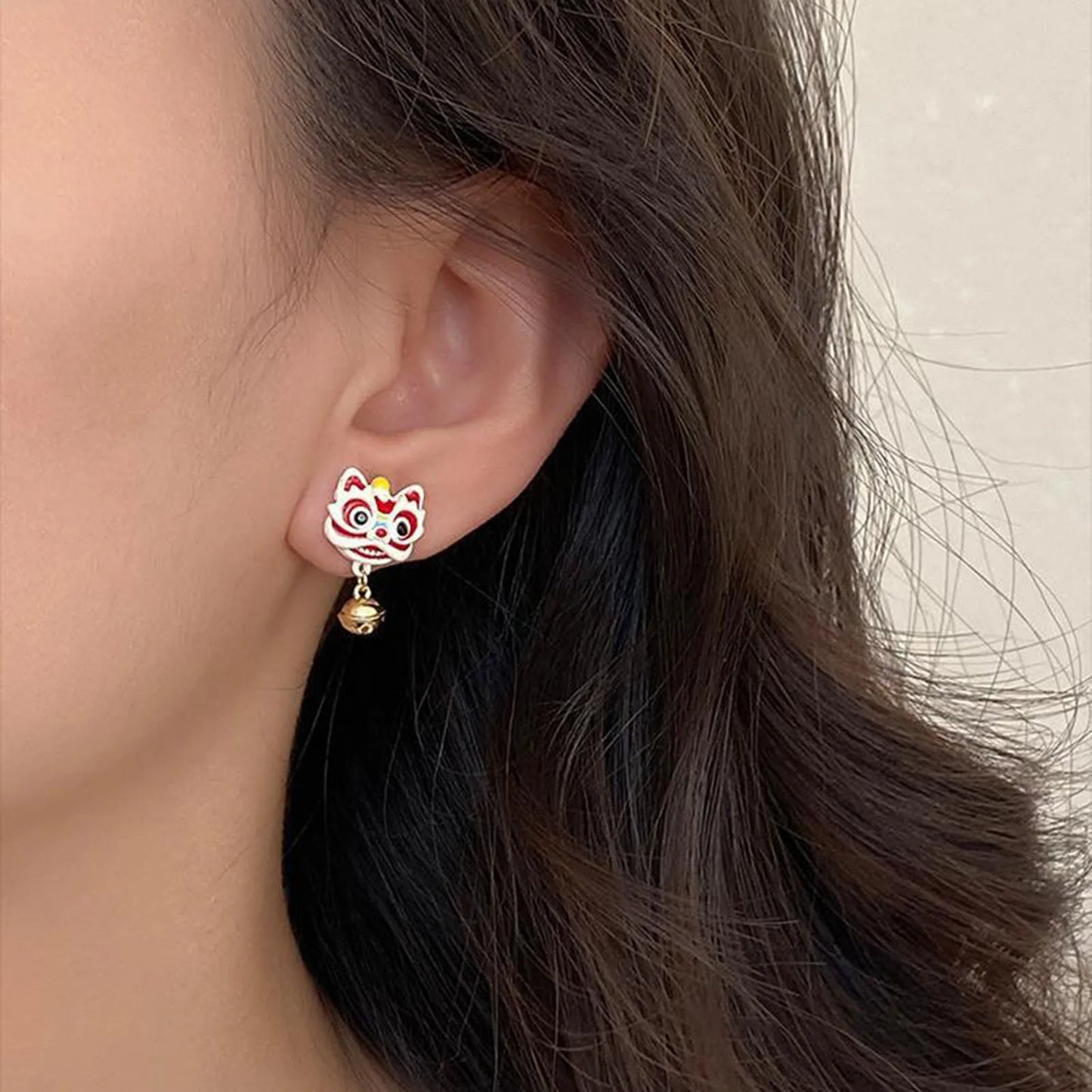 Chinese New Year Lion Bell Stud Earrings (925 Sterling Silver)