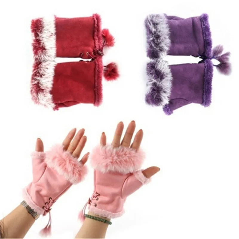 Women's Faux Rabbit Fur  Suede Fingerless Gloves Suede