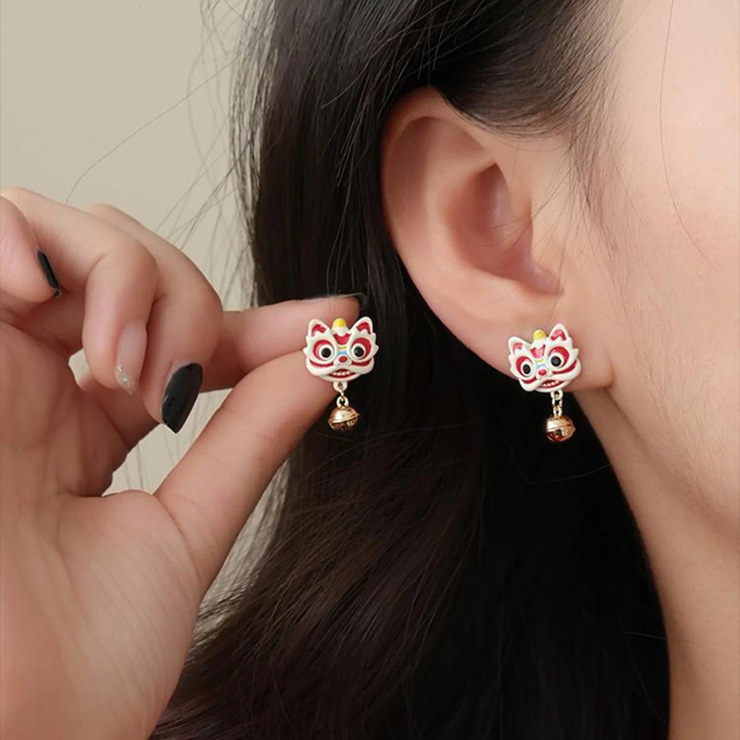 Chinese New Year Lion Bell Stud Earrings (925 Sterling Silver)