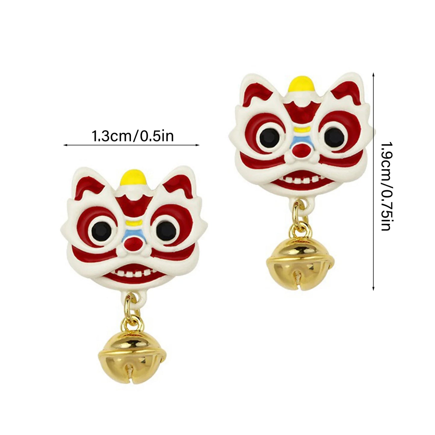 Chinese New Year Lion Bell Stud Earrings (925 Sterling Silver)