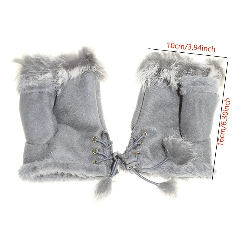 Women's Faux Rabbit Fur  Suede Fingerless Gloves Suede