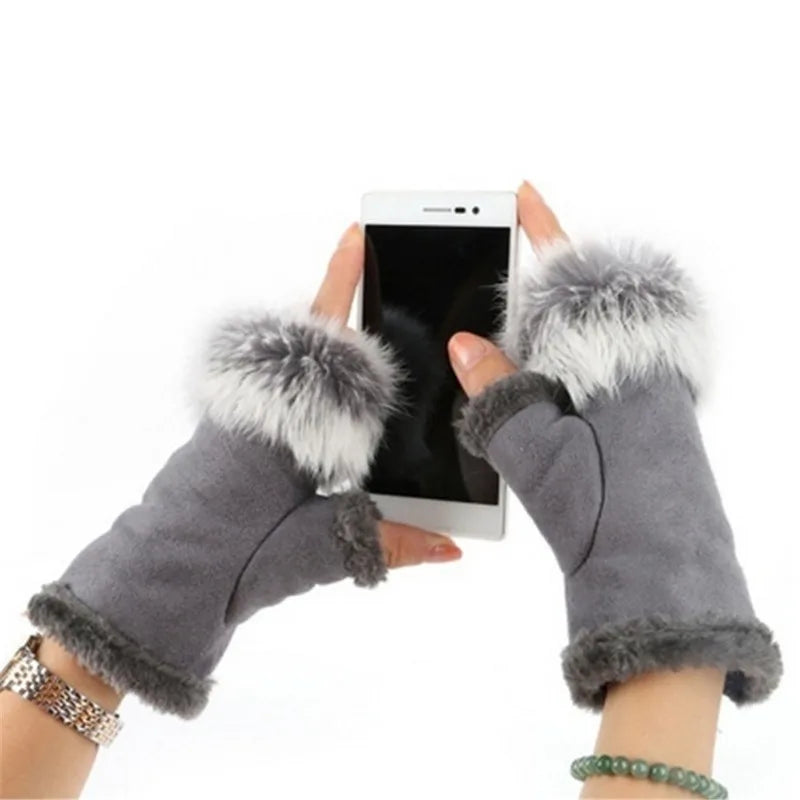 Women's Faux Rabbit Fur  Suede Fingerless Gloves Suede