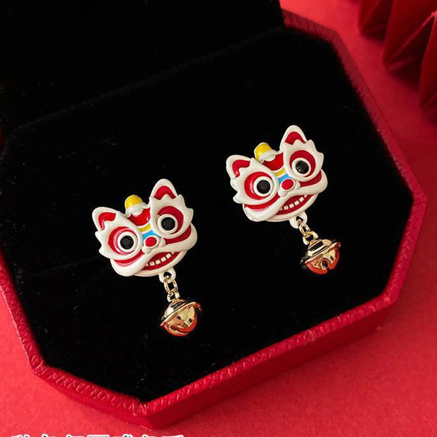 Chinese New Year Lion Bell Stud Earrings (925 Sterling Silver)