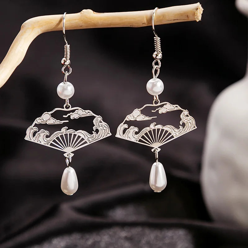 Chinese Style Folding Fan Modeling Cloud Hanging Dangle Earrings